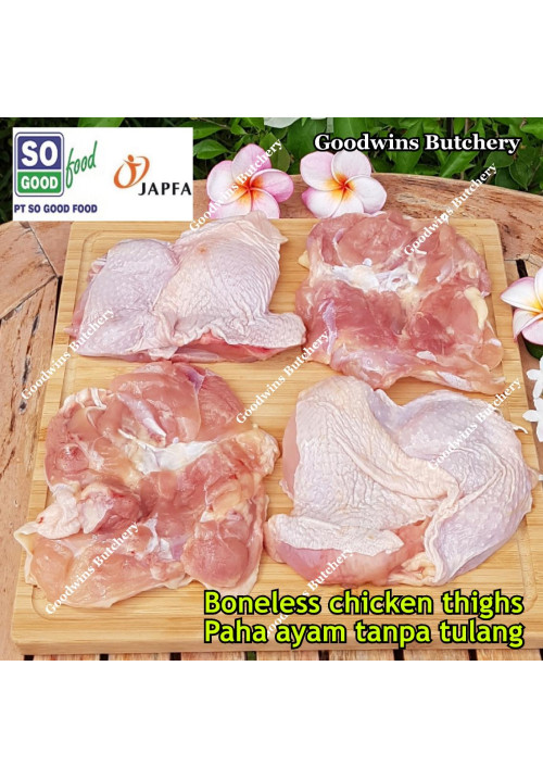 Chicken boneless-fillet skin-on LEGS-THIGHS ayam broiler paha frozen SoGood Food (price/pack 600gr 3pcs)
